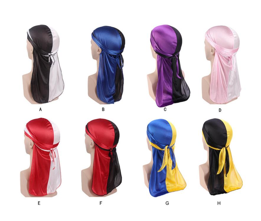 

Hip-hop Two colors Tone Men and Women Silky Durag wave Cap Long Tail Chemo 360 Waves Satin Du-rag Pirate Hat Factory sale, Blue with black