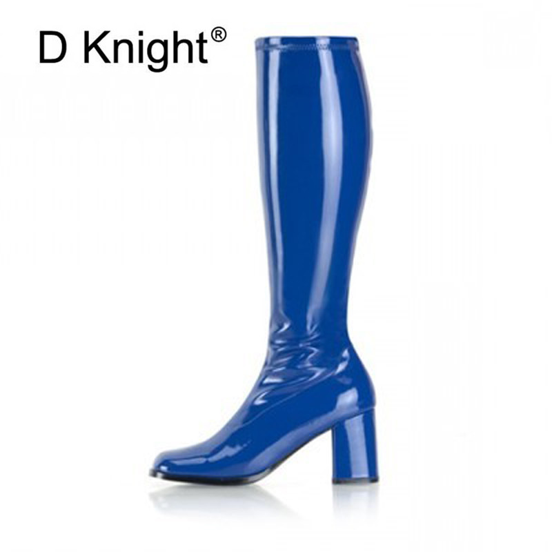 

Fashion Patent Leather Knee High Boots Women's Winter Boots Thick High Heels Long New Square Toe Spring Autumn Shoes Woman, Black u01