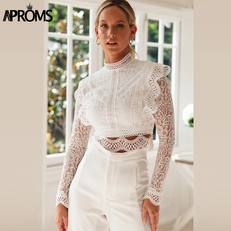 

Aproms Vintage Lace Trim Embroidery Women T Shirt Elegant High Neck Long Sleeve Crop Top Ladies Party Tee Hollow Out Tshirt 2020, White