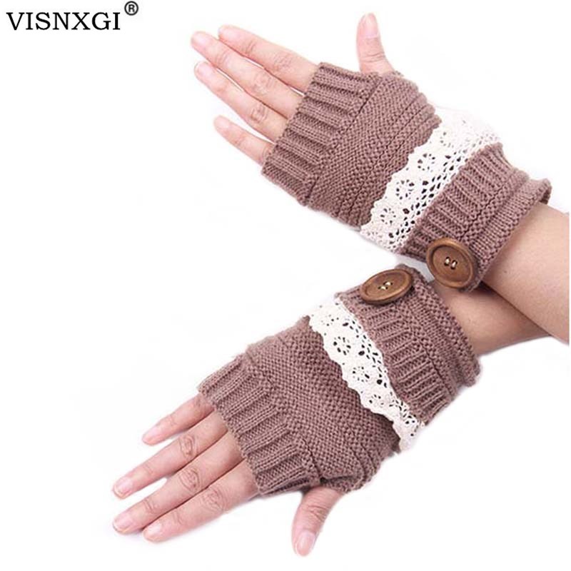 

Five Fingers Gloves VISNXGI Women Warmer Winter Fingerless Arm Crochet Knitting Mitten Warm Button Lace Wrist Mittens