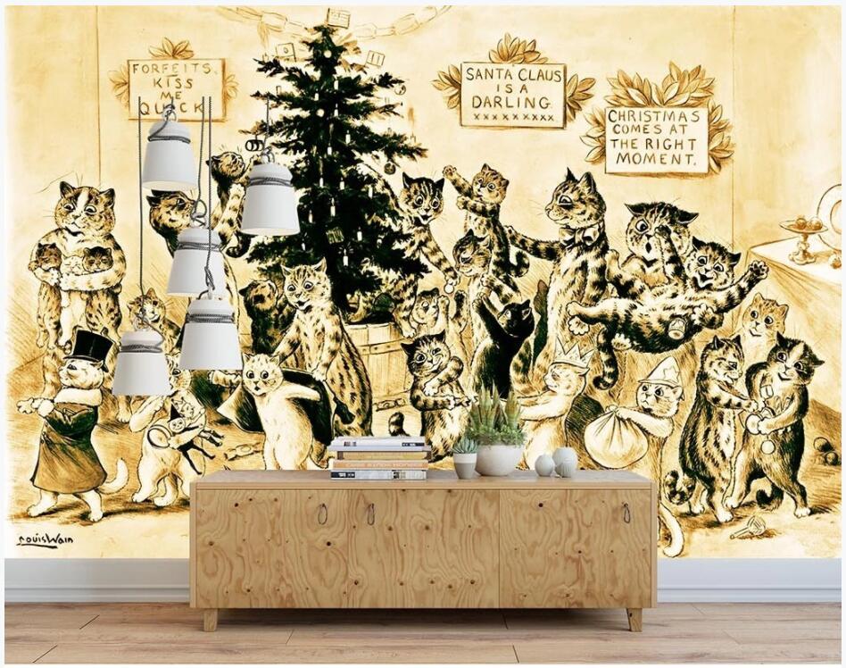 

custom mural on the wall 3d photo wallpaper Hand drawn vintage cat on yellow background home decor living room wall papers for walls 3 d, Non-woven