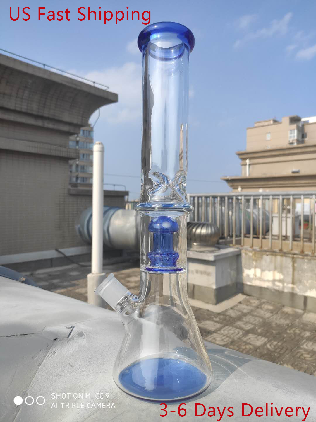 

15 Inch 37CM Hookah Water Pipe Blue Mushroom Filter Bong Glass Bubbler Waterpipe US Shipping