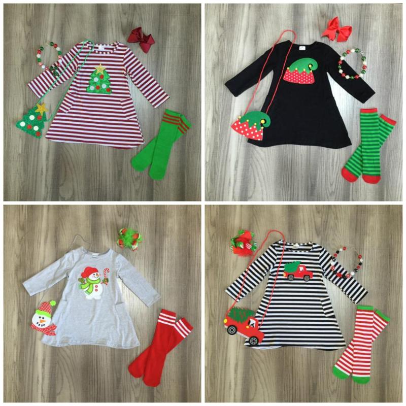 

Christmas tree snowman winter baby outfits dress stripe cotton boutique clothes knee length match necklace socks bow and purse, Elf