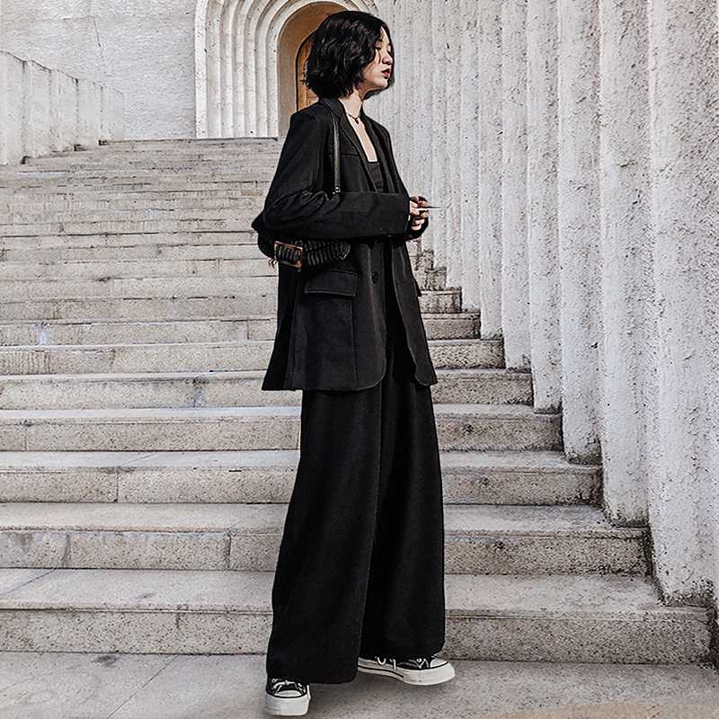 

Casual Ladies Work Pant Suit 2020 Oversized Korean Black Blazer Mujer+Button Wide Leg Pant Women Blazer Suit Spring Streetwear