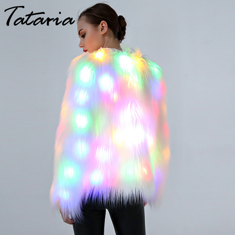 

Tataria -6XL Women Faux Fur LED Light Coat Women Plus Size Christmas Costumes Women' Winter Warm Festival Party Club Overcoat, White
