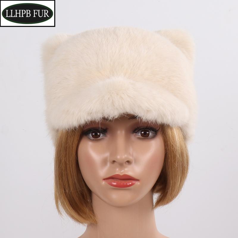 

Hot Sell Full Pelt Women Genuine Fur Hats Winter Female Warm Real Fur Visors Hat Girls Handmade Natural Caps, Beige