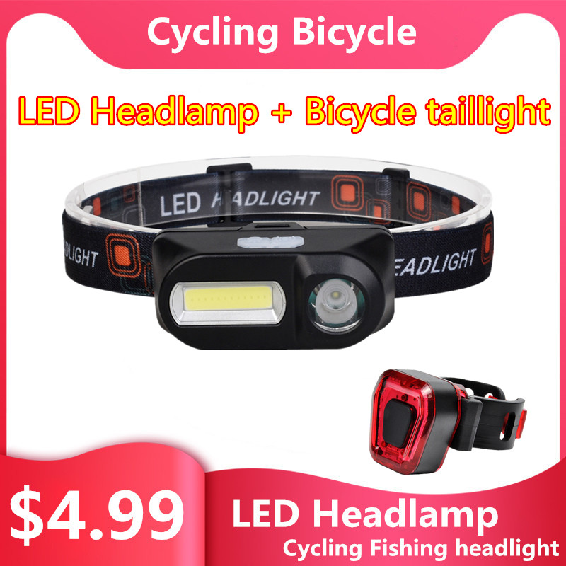 

Mini COB LED Headlight Headlamp Head Lamp Torch Camping Hiking Night Fishing Light + Bicycle taillight Warning light