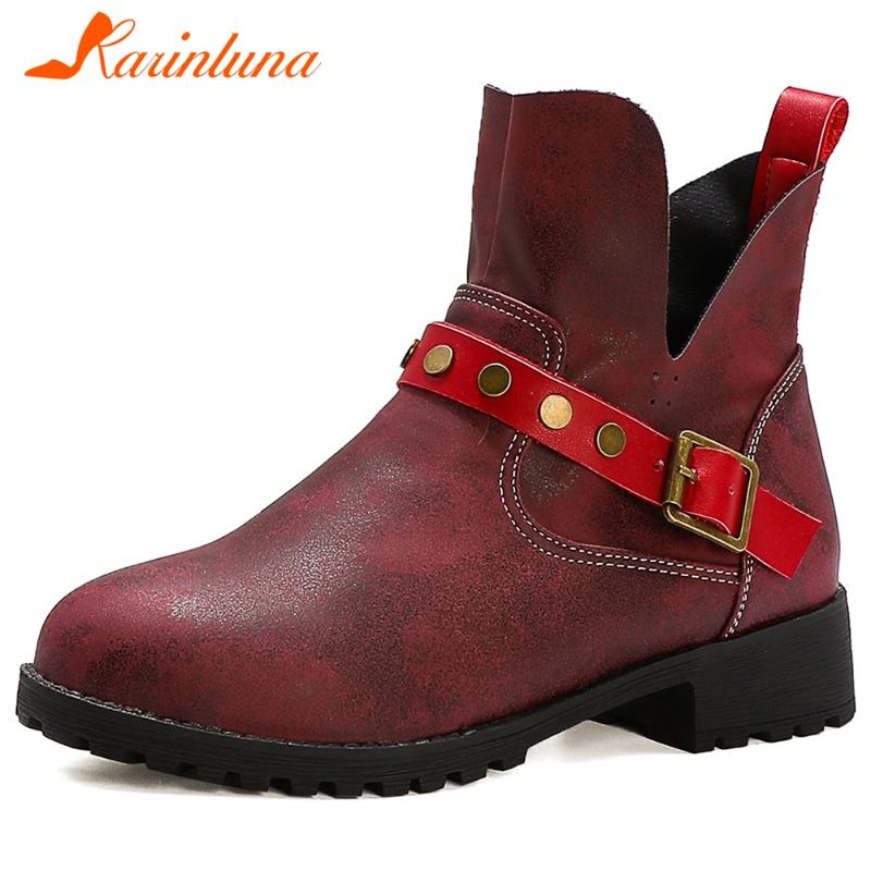 

Karin New Brand Round Toe Square Thick Heels Ankle Boots Vintage Buckle Straps Slip-On Short plush Women shoes, Black