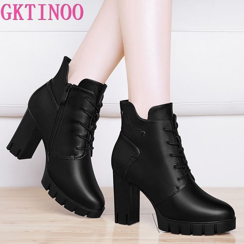 

GKTINOO Leather Shoes Women Ankle Boots Autumn Thick High Heel Female Boots Zip Winter Handmade Leather Shoes Boot Black