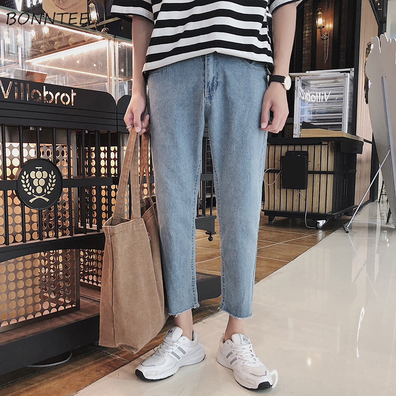 

Jeans Men Straight Spring Slim Fur-lined Elastic Korean Style Loose Mens Chic Simple Streetwear Bleached Students New Trousers, Light blue-straight