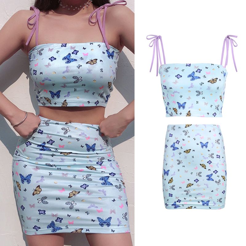 

Women Sexy Bodycon Outfit Butterfly Print Lace-Up Cami Top High Waist Mini Skirt 8, As pic