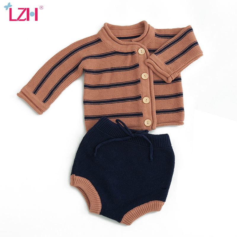 

LZH Newborn Baby Boys Clothes Autumn Winter Baby Girls Clothes Striped Sweater Cardigan Shorts 2pcs Outfit Suit Infant Clothing, Blue