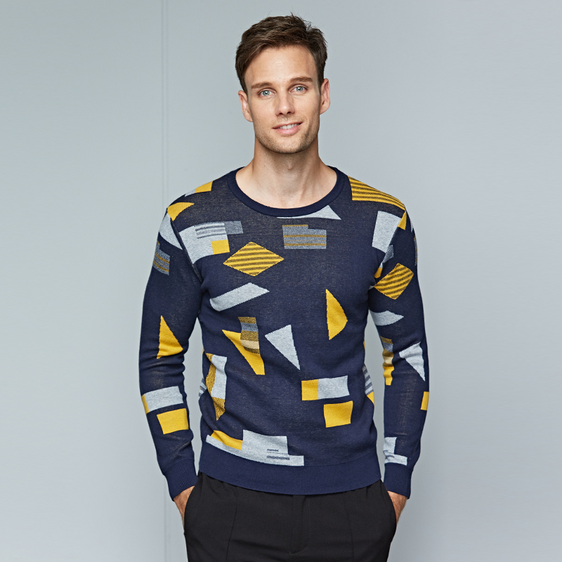 

Men's Sweaters 100% Cotton O Neck Sweater Male Long Sleeves Knitwear Blue Geometric Pattern Spring Slim Fit Pullovers Size  3XL, Slan