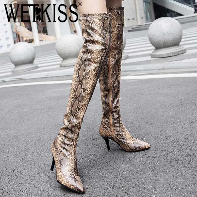 

WETKISS Snakesin Sexy Women Over The Knee Boots Pointed Toe Stiletto Heel High Shoes Fashion Zip Long Boots Casual Female Shoes, Black