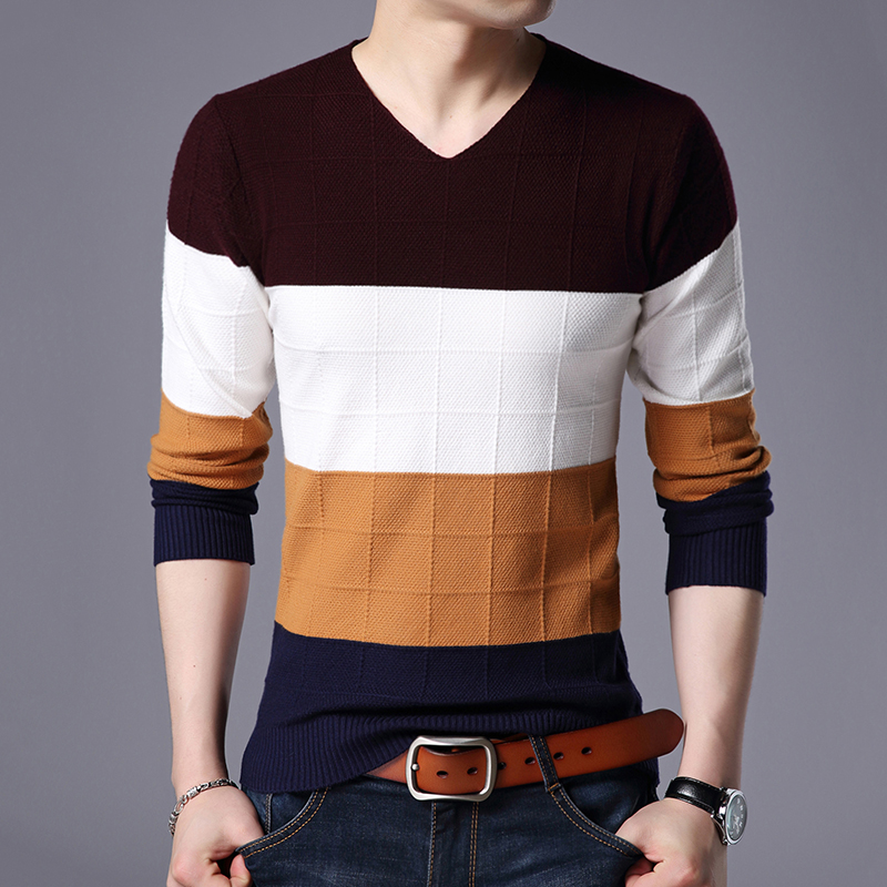 

2020 New Autumn Winter men Casual high elastic Sweater Men Fashion plaid contrast colors striped long Sleeve pullovers -3XL, Blue