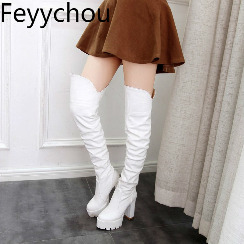 

Women Boots Autumn and Winter New Ultra High Heel Thick Over The Knee High Boots Fashion Wild Rider Round Toe White, Black