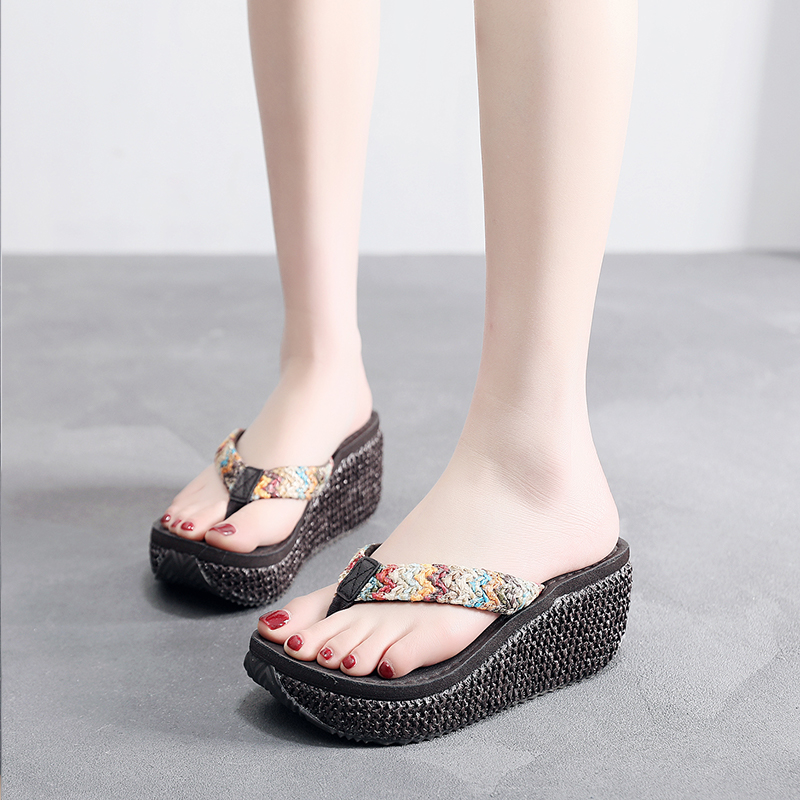 

Summer Comfy Flat Non-slip Lady Slippers Straw Slippers Colorful Fashion Flip Flops Flat Lafite Grass Colored Women Shoes, Beige