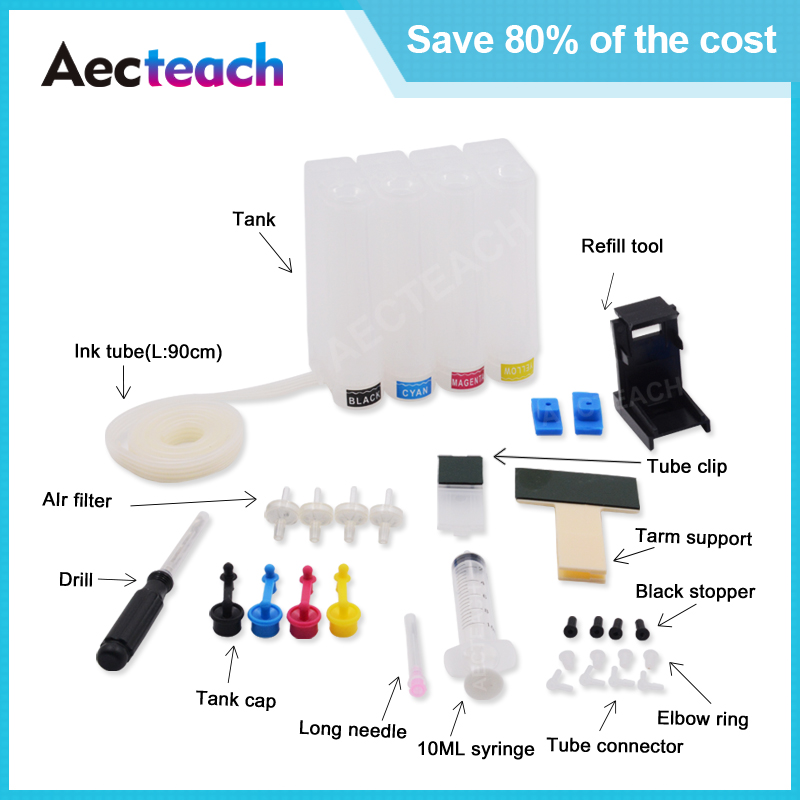 

Aecteach Ciss for 123 122 121 302 301 304 300 650 652 140 141 21 22 XL Ink Cartridge Continuous Ink System Printer Diy Kit