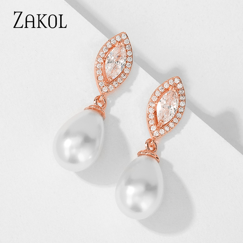 

ZAKOL Fashion Design Elegant White CZ Zircin Drop Earings With Imitation Pearls For Women Female Jewelry FSEP2549