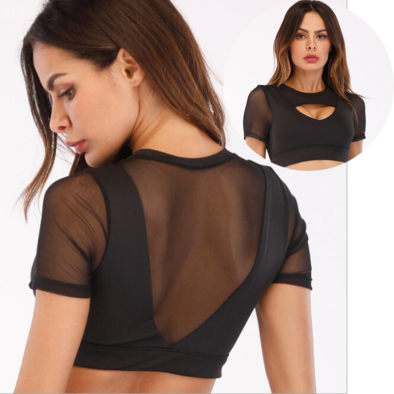 

Sexy Women Yoga Bra Workout T shirt Mesh Breathable Fitness Bra Crop Top Sports for Women Gym Brassiere sport Femme, Black