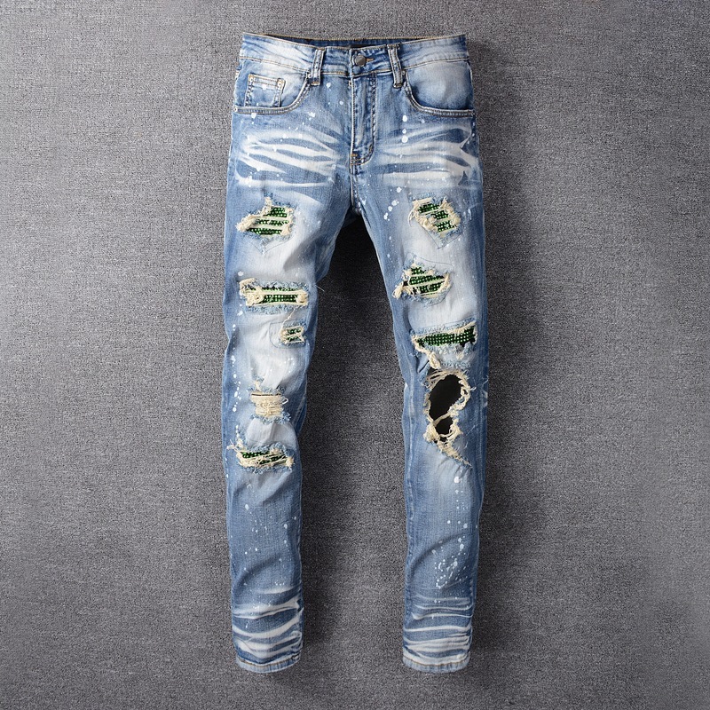

Mens Jeans Classic Hip Hop Pants Stylist Jeans Distressed Ripped Biker Jean Slim Fit Motorcycle Denim Jeans SFPC, Blue-613