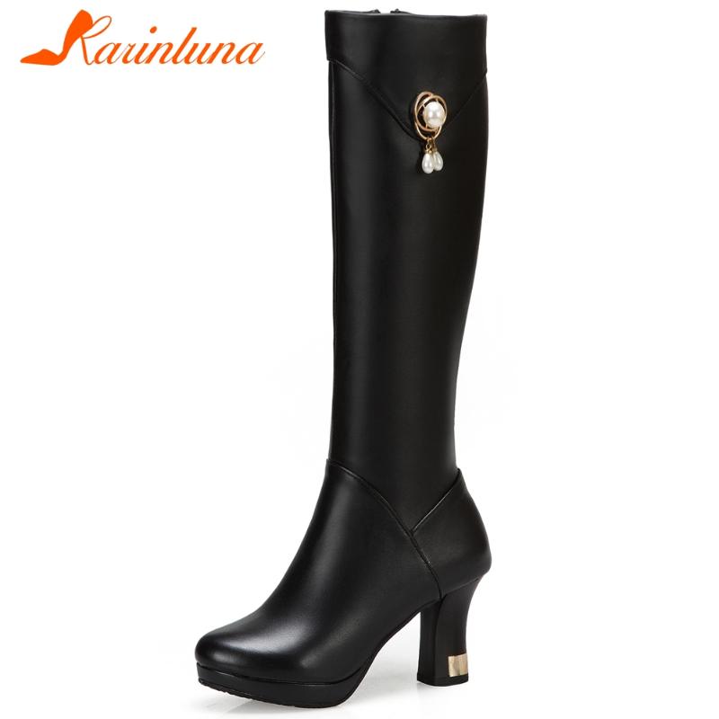 

KARIN Big Size 32-43 Female Metal Decoration Boots Round Toe Platform Thick High Heels Zip Women Boots Knee High Women Shoes, Black