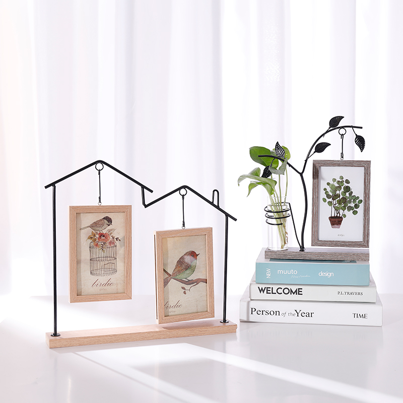 

Simple Nordic Character Iron Line Decoration Wooden Photo Frame 6-inch Double-sided Photo Frame Tabletop Hydroponic Ornament