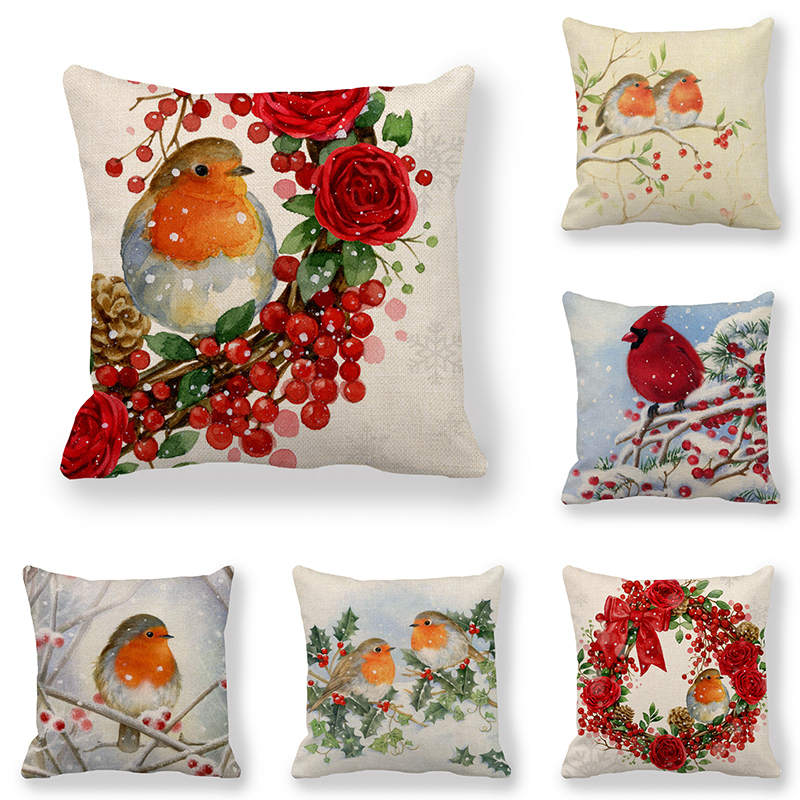 

45cm*45cm watercolor winter bird Christmas design linen/cotton cushion cover and sofa pillow case Home decorative pillow cover, 13