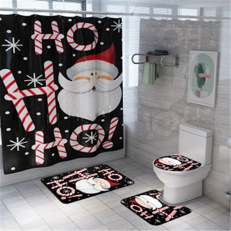 

4Pcs/set Bathroom Mat Set Non-slip Christmas Decor Bathroom Santa Claus Bath Mat Shower Curtain Floor Washable Toilet Rug
