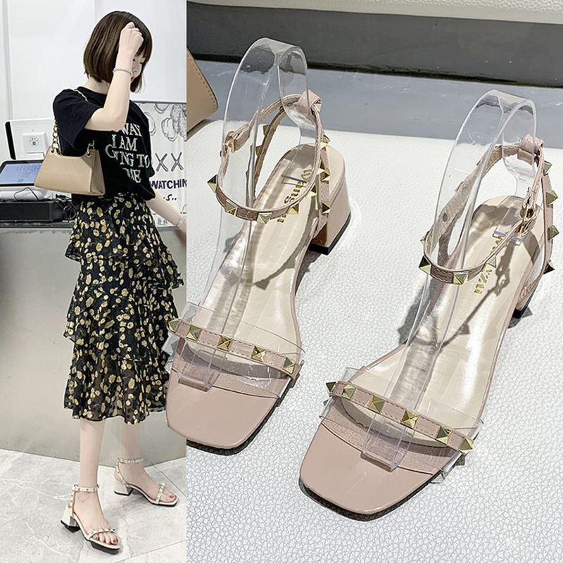 

Female Shoes Summer 2020 new women's sandals Korean fashion rivets straight buckle with open toe high heels women's shoes, Beige