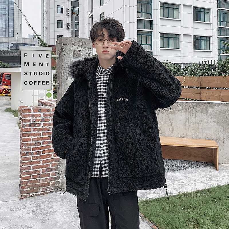

Winter New Lambskin Coat Men' Warm Fashion Solid Color Casual Fur Collar Hooded Jacket Street Wild Loose Cotton Male Clothes, Black