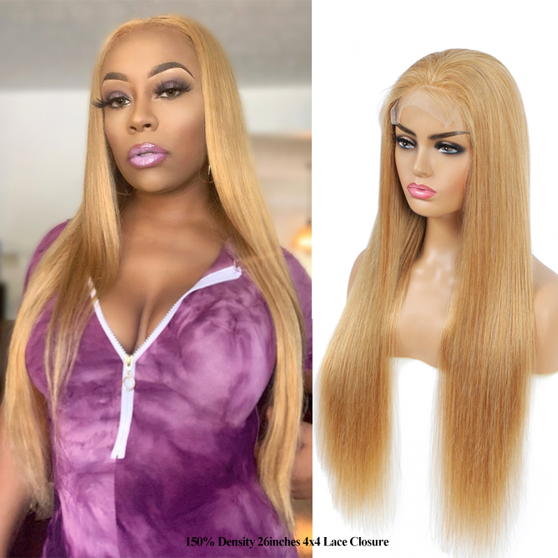 

Honey Blonde 4x4 Lace Closure Wig SOKU Brazilian Straight Human Hair Lace Wig For Black Women Pre Plucked Blonde Remy Hair, #27