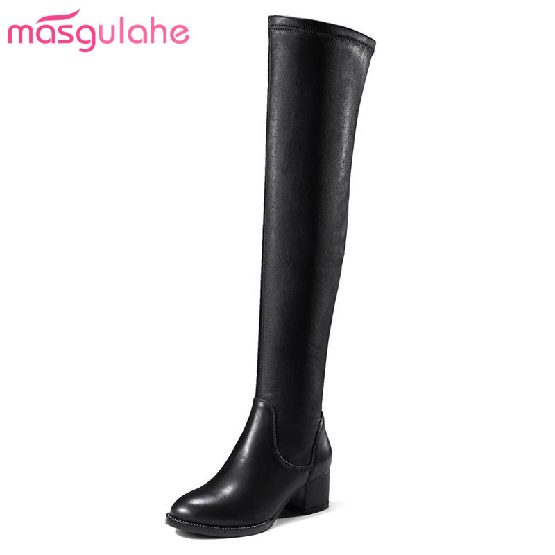 

Masgulahe over the knee boots round toe look slimmer winter boots thick heels zipper genuine leather simple women shoes, Black