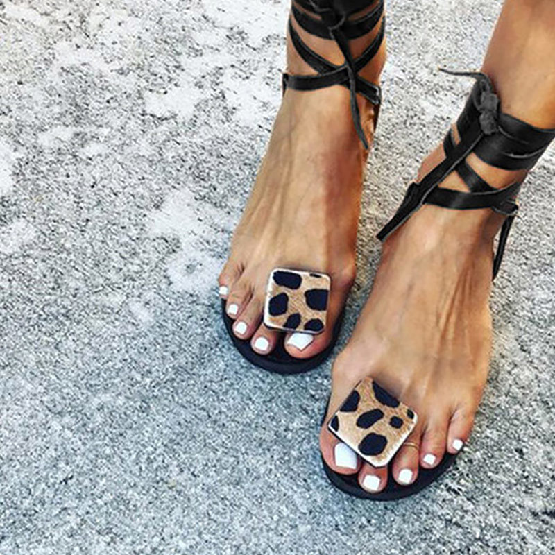 

Sandals For Women 2020 Leopard Lace-up Fashion Women's shoes plus size 43 Cozy leather flat sandals for women Outdoor Non-slip Y200620, Red