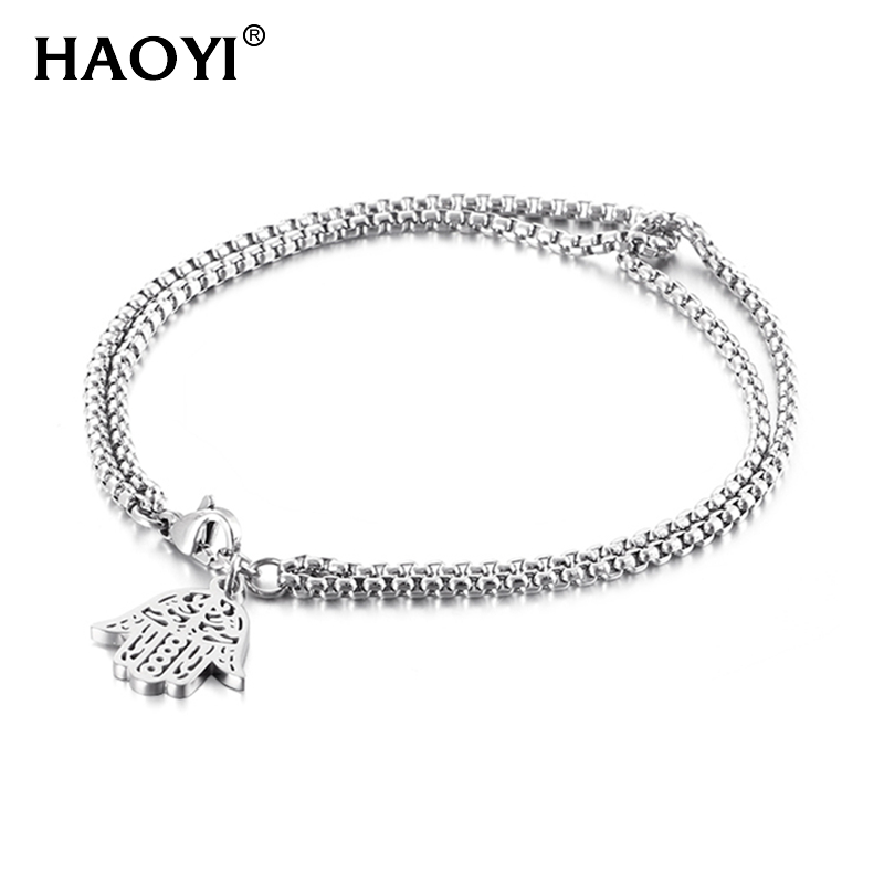 

HAOYI Cross Hand Elephant Charm Bracelet For Women 2020 New Double Strand Rolo Stainless Steel Chain Bangle Clasp Closure