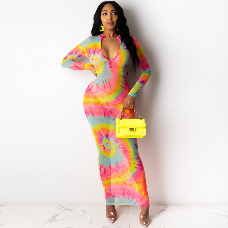 

Sexy Woman Camouflage Tie Dye Color See-through Mesh Sheer Long Sleeve Zipper V neck Mid-waist Long Maxi Dress Casual Clothes, Multi