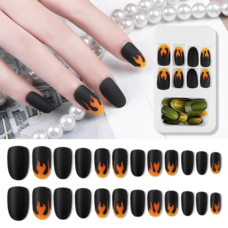 

24Pcs False Nails Black Long Coffin Flame Fake Nails Full Cover Party Acrylic Art for Women and Girls