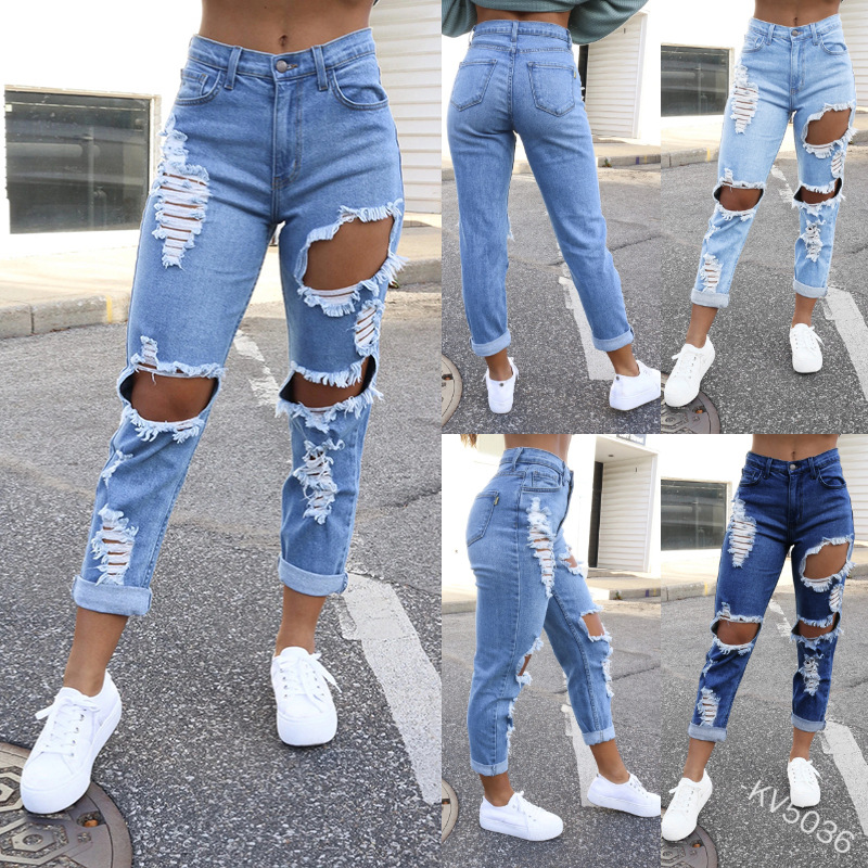 

WEPBEL Women Jeans New Fashion Multi-Hole Jeans Mid Waist Women' Pocket Pants Ripped Bleached Sexy Summer Trousers, Blue