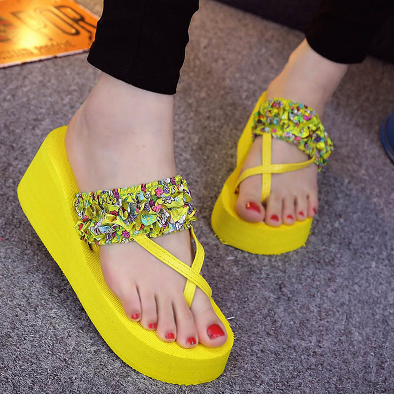 

Summer New Flip Flops Fashion Women Beach Sandals Thick Heel Floral Female Wedges Slippers Wholesale Girl Outside EVA Slides, Black