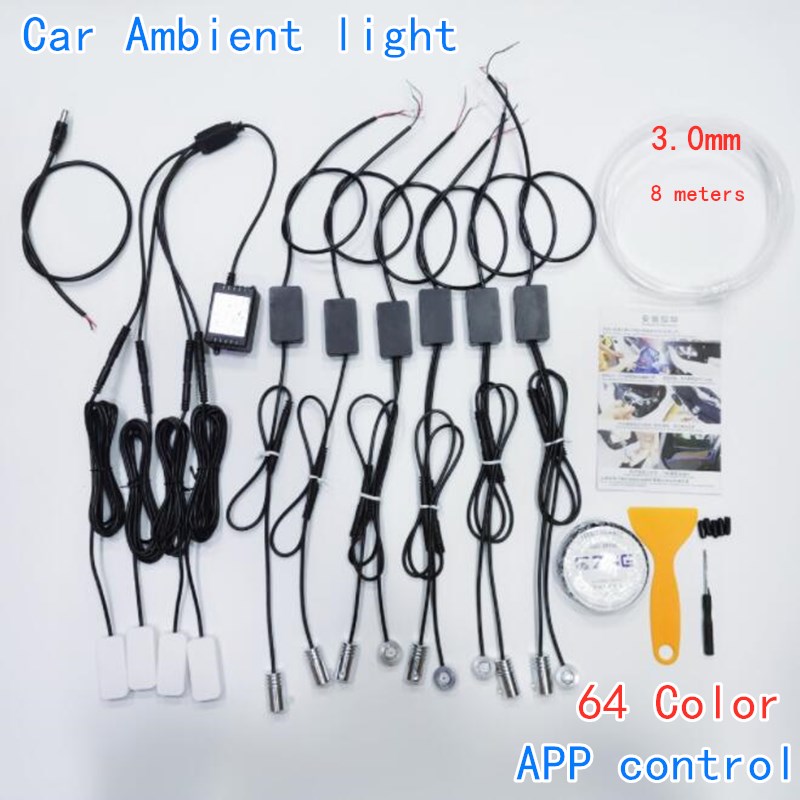 

Car Ambient Light Foot Lamp RGB (6 + 4) with 8M Optical Fibre 64colors Led Wireless No Threading App Control Universal car leds
