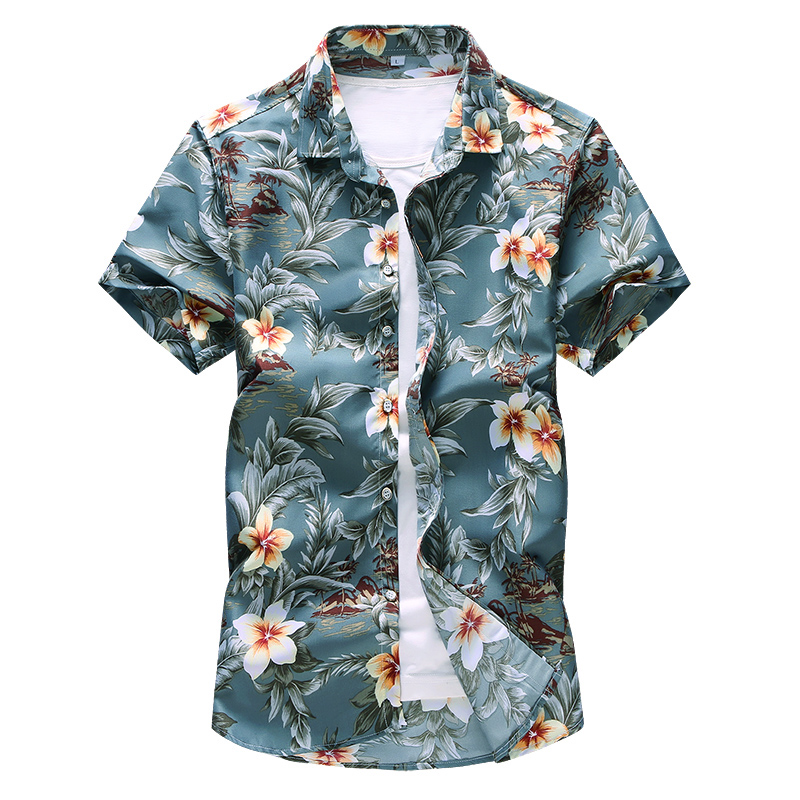 

7XL Men Flower Shirt 2020 New Fashion Print Short Sleeve Beach Hawaiian Shirt Floral Shirts Men Casual Holiday Camisa Masculina, Gray-green
