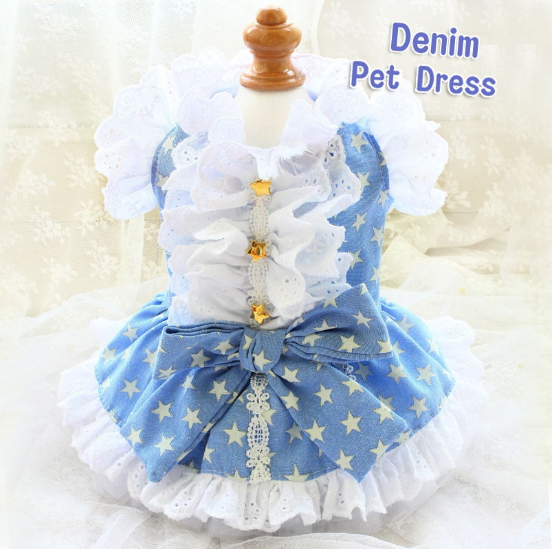 

Free shipping handmade dog clothes stars dog dresses classic soft lace outfit pet cats poodle Maltese drop ship, Blue