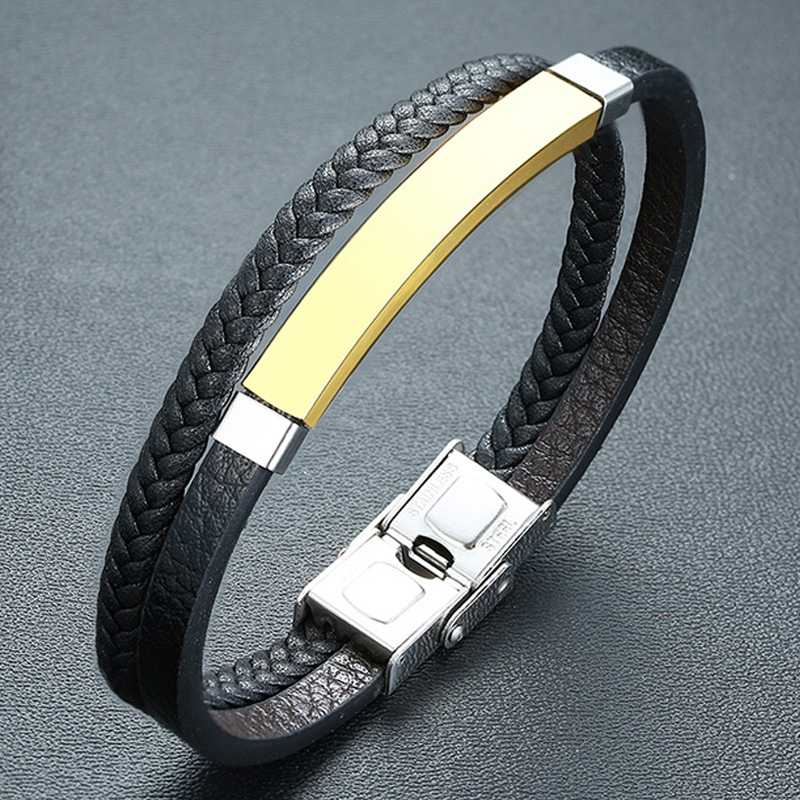 

Leather Bracelet Wave Black Braided Double Chains Wristband Gold Stainless Steel 7.7" 8.3" Women Men Gift