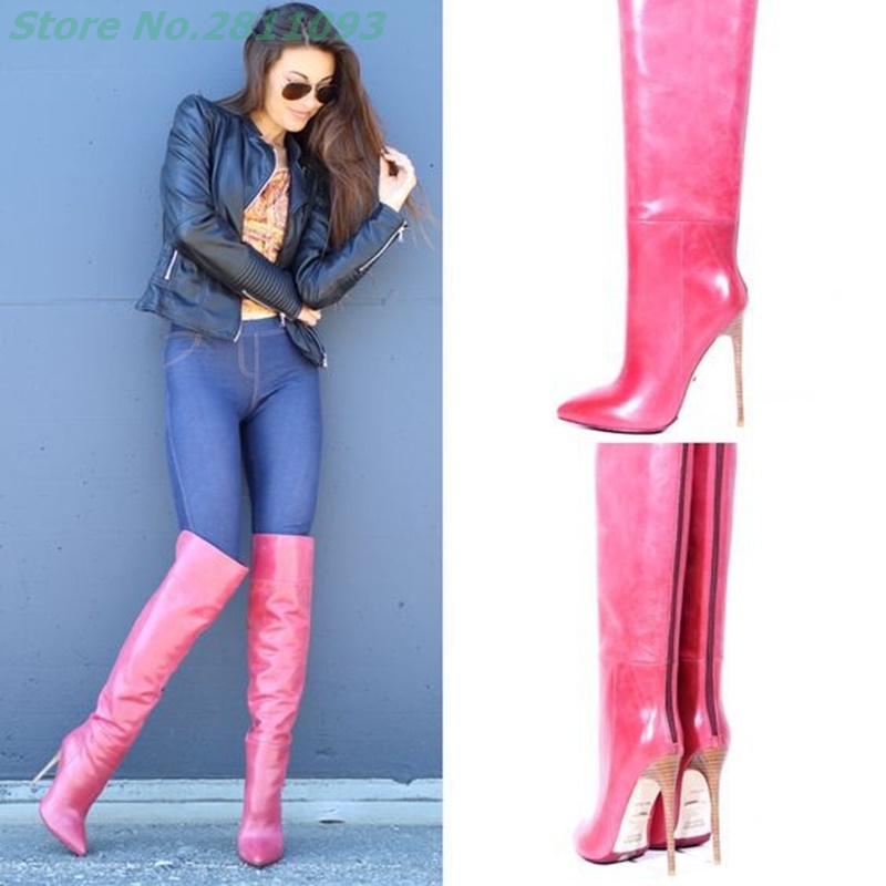 

Zipper Over The Knee Rosy Red Boots Thin High Heel Leather Sexy Pointed Toe Runway Women Boots Back Zip Up Ladies Shoes, Lavender
