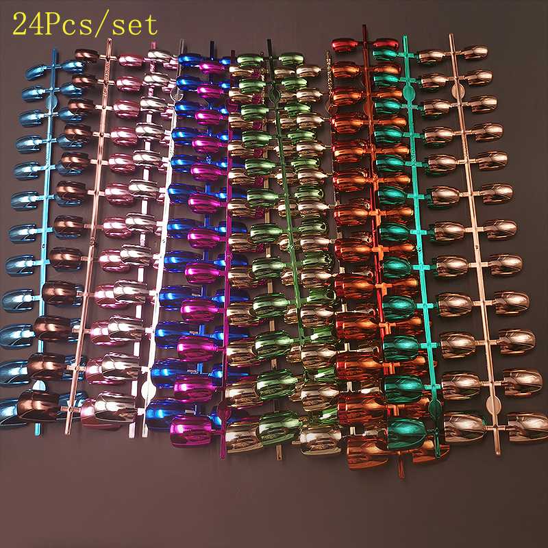 

Nail Tips 24pcs UV Metal Plated Short False Nails Full Cover Stiletto Coffin Fake Nails Tips Nail Art Decorations Makeup, Uvnail-2