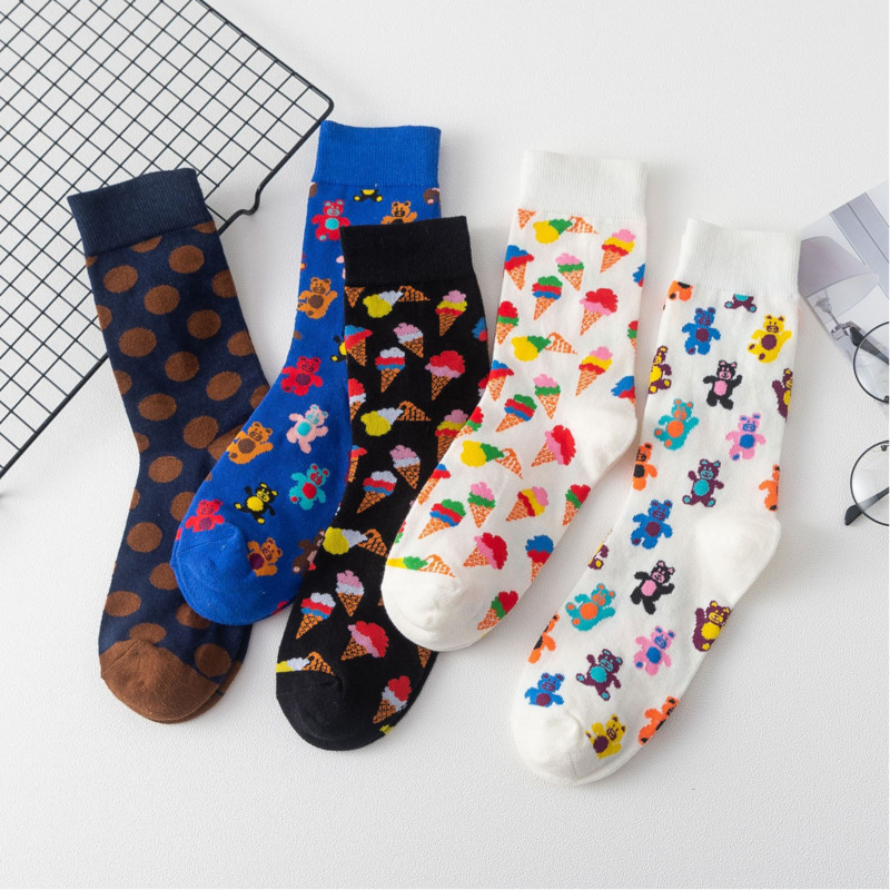 

PEONFLY Women Cartoon Bear Ice Cream Cotton Socks Art Female Pattern Short Cute Socks Kawaii Fashion Animal Print Happy
