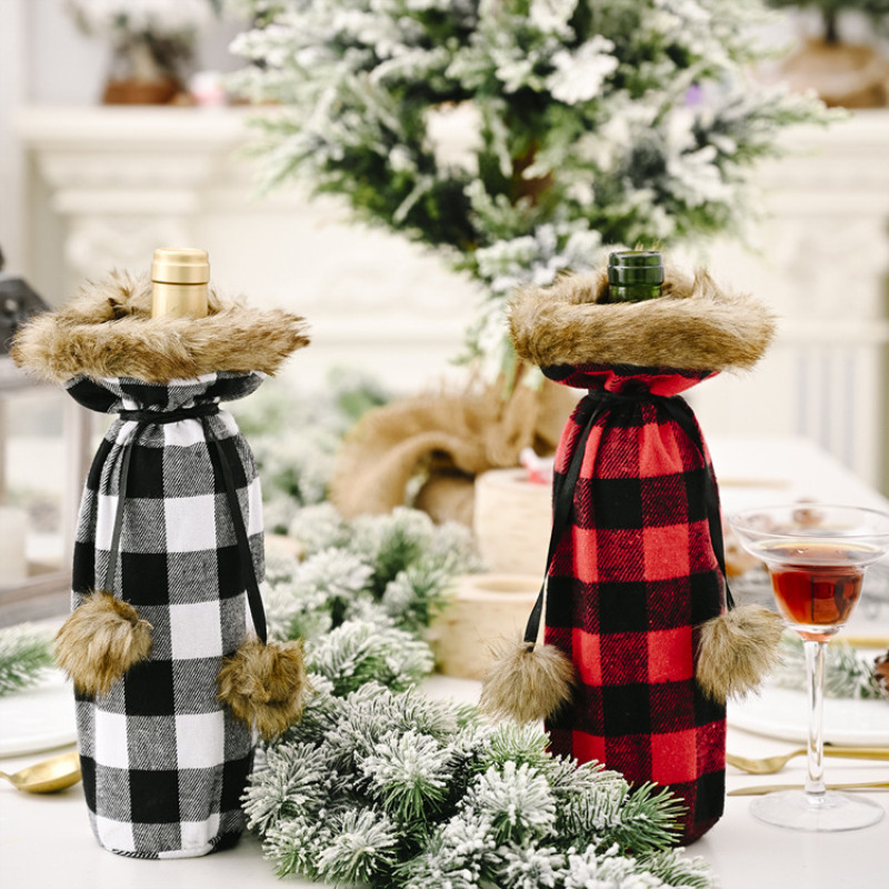 

New Christmas Pompom Plaid Wine Bottle Cover Creative New Red and Black Wine Bottle Bag Cover Home Decoration