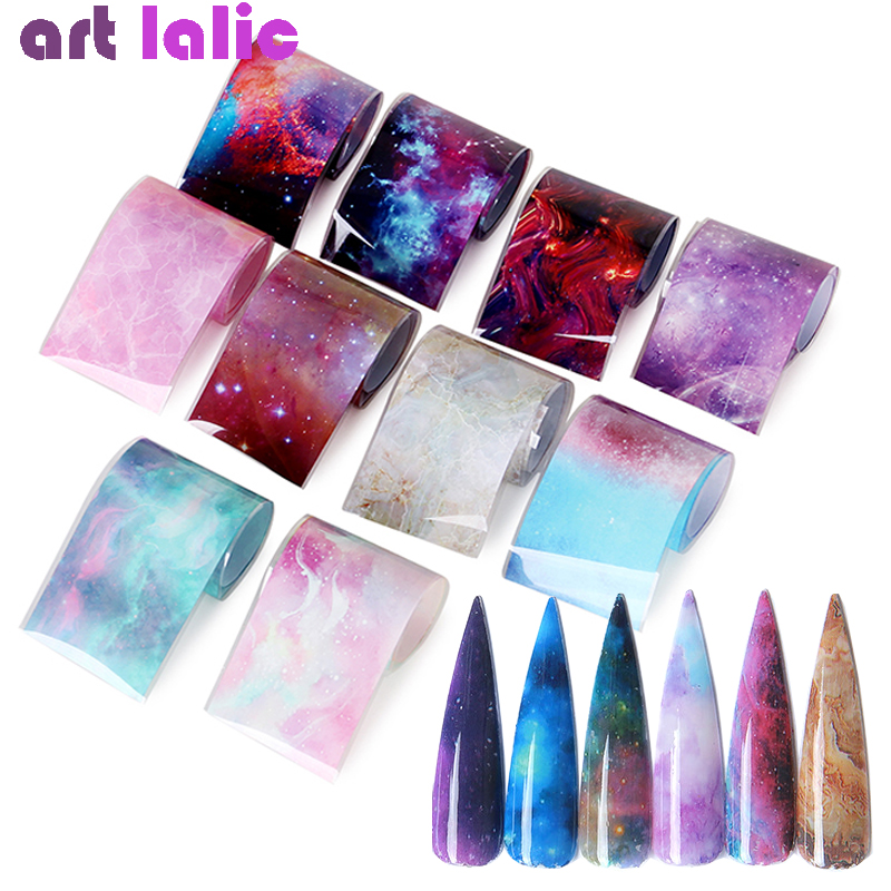 

10Pcs Charm Nail Foil Sticker Set Holographic Starry Sky Adhesive Wraps Transfer Paper Marble Shining Nail Art Decal Gel Slider, Marble starry