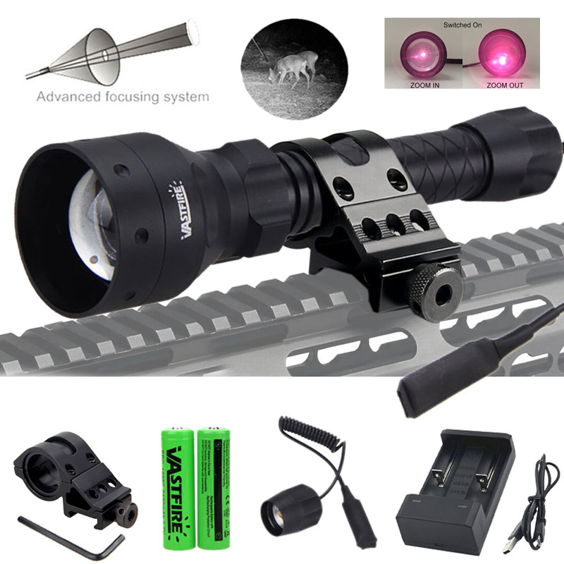 

400 yards T50 Zoomable Infrared with Red laser IR 850nm Hunting Torch+Rifle Scope Mount+Switch+2*18650+USB Charger