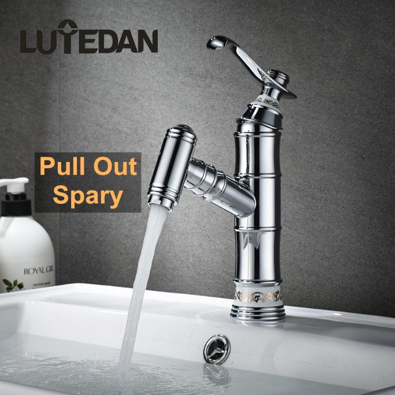 

Lutedan Chrome Black Bronze Antique Brass Pull Out Spary Basin Bamboo Faucet Both Cold and Hot Water bathroom Mixer taps Bathroo